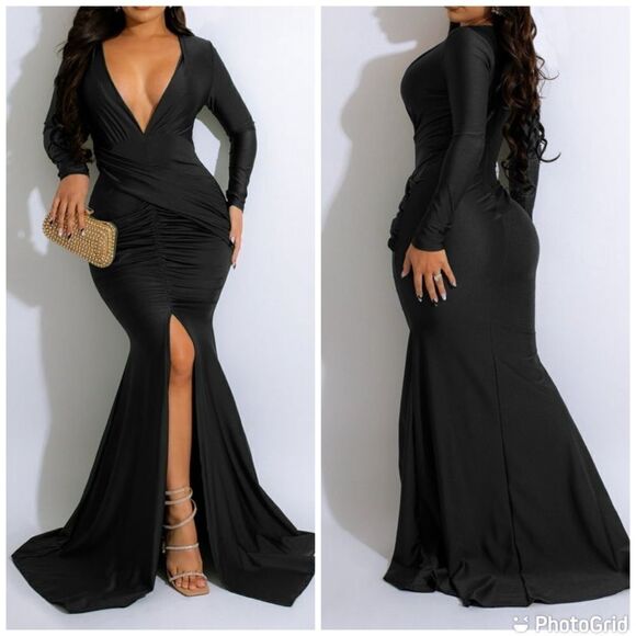 Stylish Long Sleeves V Neck Bodycon Pleated Slit Solid Evening Gown Dress - Picture 1 of 14
